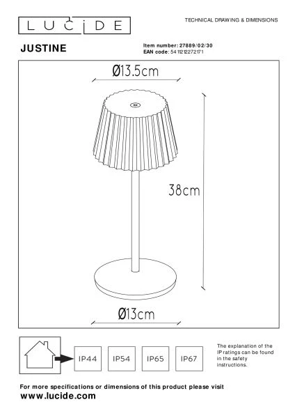 Lucide JUSTINE - Rechargeable Table lamp Indoor/Outdoor - Battery pack - LED Dim. - 1x2W 2700K - IP54 - With wireless charging pad - Black - technical